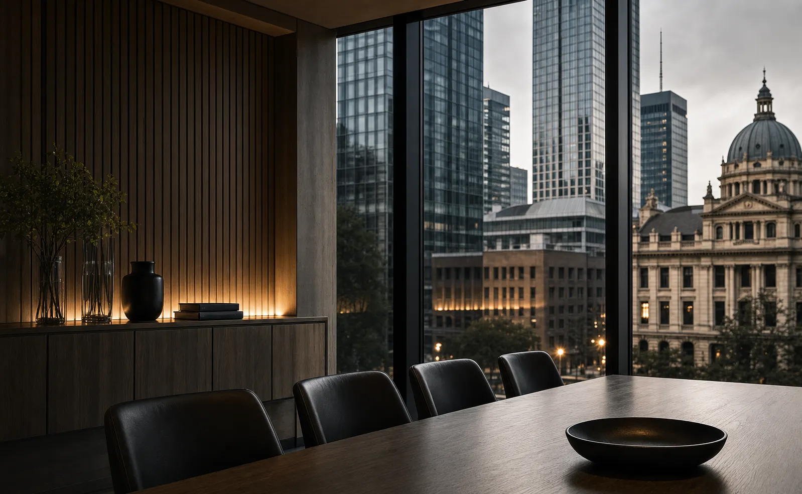 Executive boardroom overlooking a modern city business district