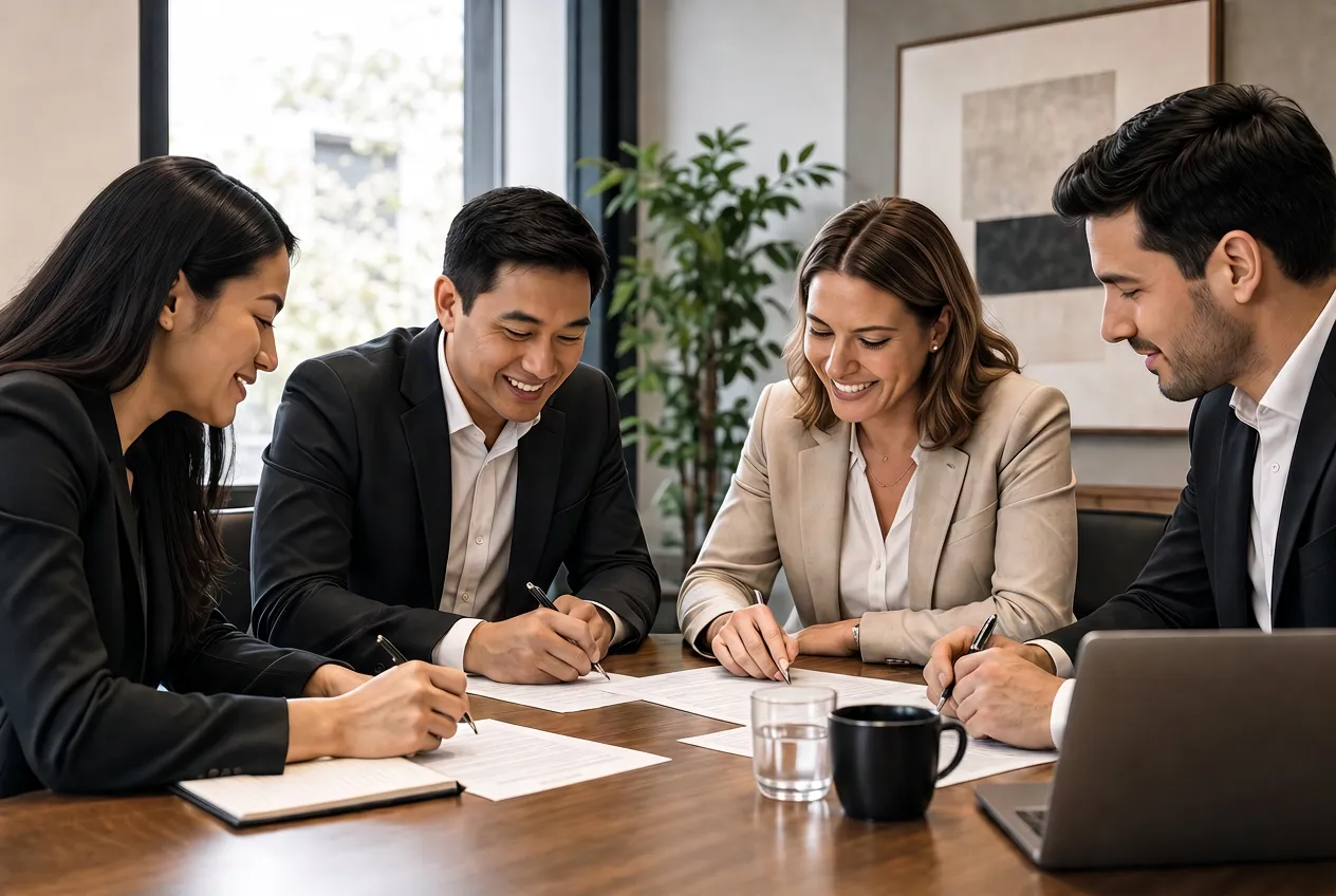 The MaGrath Accountants team working through documents with a client around a boardroom table.