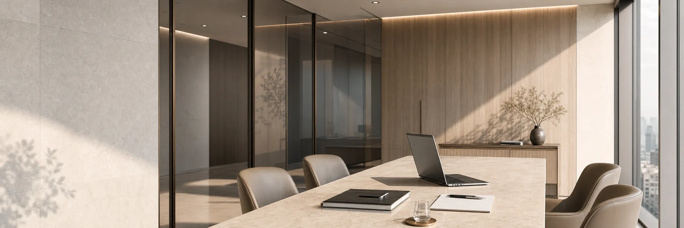 Business advisory meeting table prepared with a laptop and planning notebooks