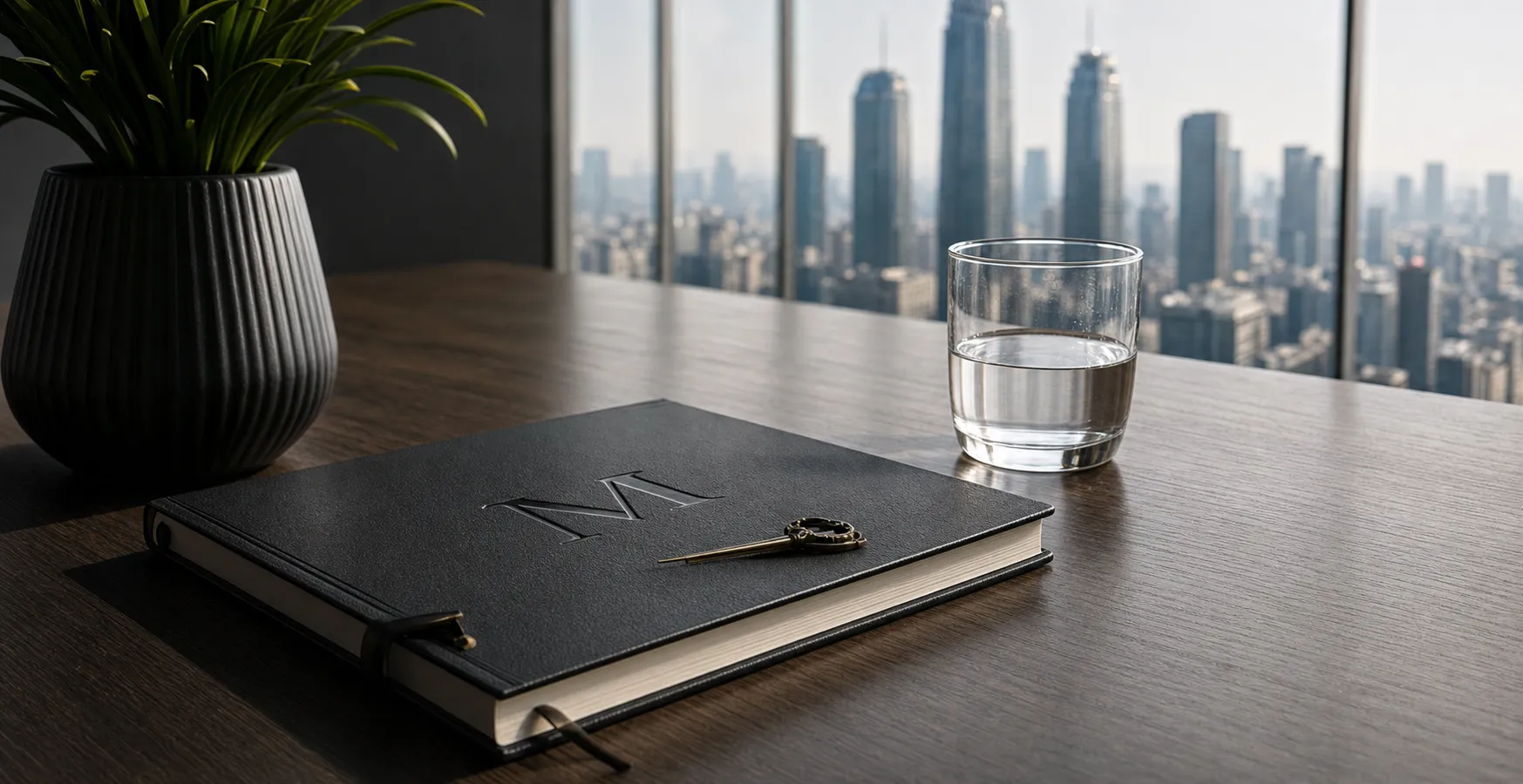 MaGrath Accountants notebook beside a city-view consultation table