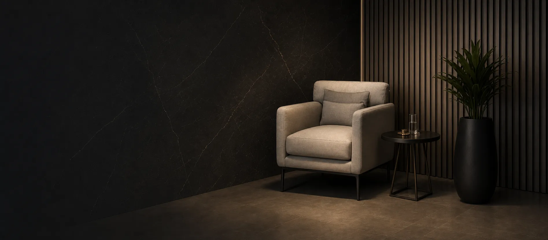Private consultation chair beside a black marble wall in a professional office