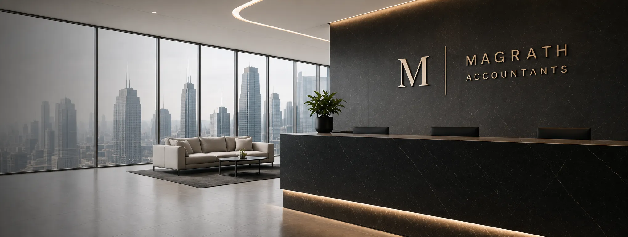 MaGrath Accountants reception with a black marble desk overlooking a city skyline