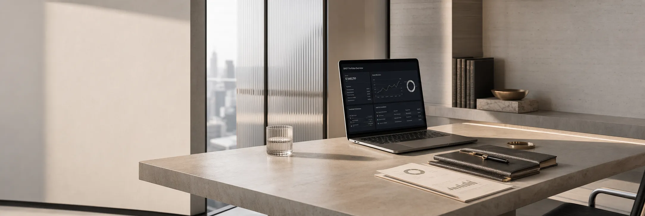 SMSF portfolio dashboard and administration records arranged on an office desk